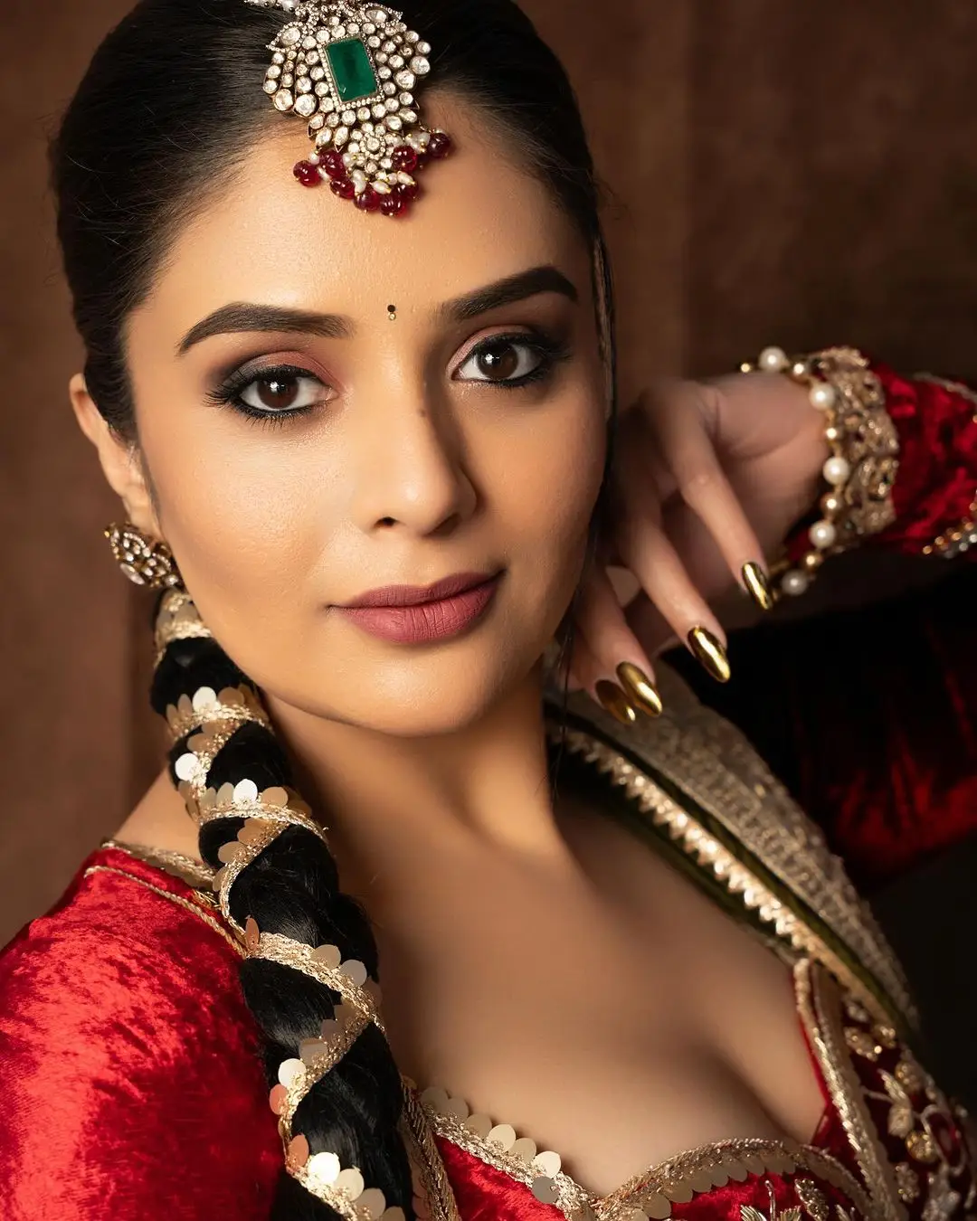 Indian TV Actress Sreemukhi in Traditional Green Lehenga Red Choli